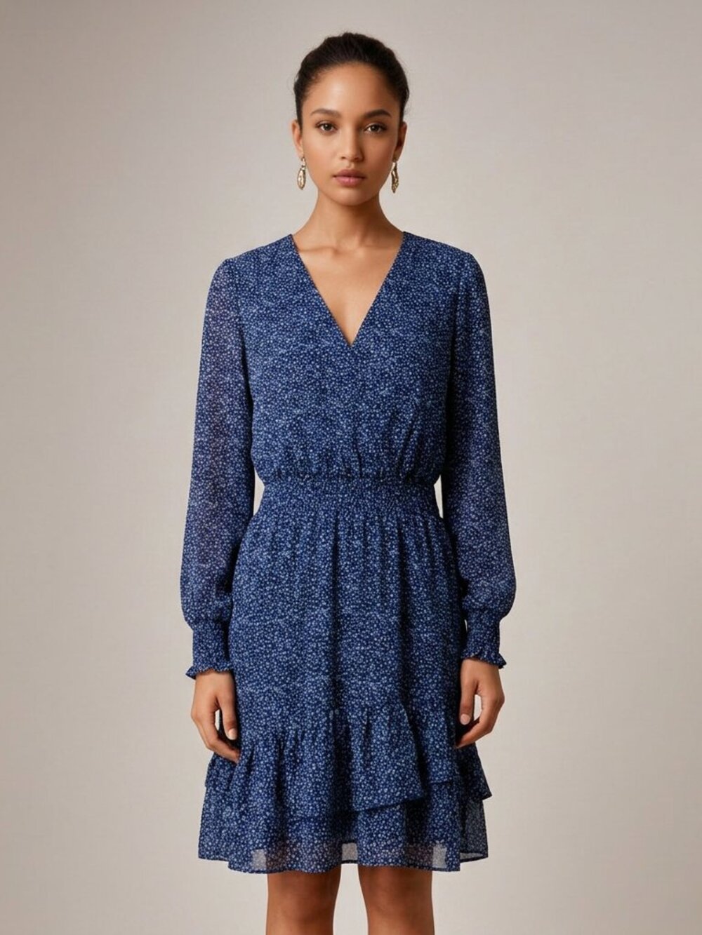 MICHAEL KORS Dress XL Blue Floral Long Sleeve Lined V cut Elastic Waist  Bin 2